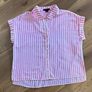Sanctuary linen blend button down pink / white striped short-sleeved top